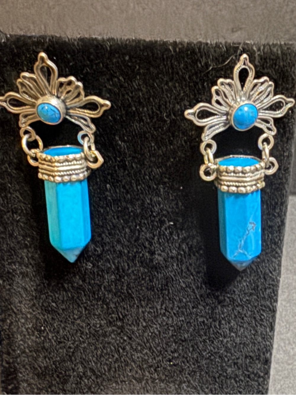 Turquoise Crystal Drop Earrings - Silver Tone